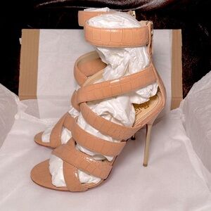 Jerome C Rousseau cross strap nude pink gladiator croc skin stiletto sandal 39.5
